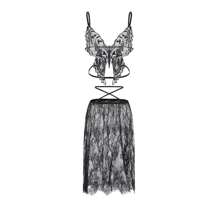 Sheer Black Lace Butterfly Bodice Ensemble with Flowing Midi Skirt