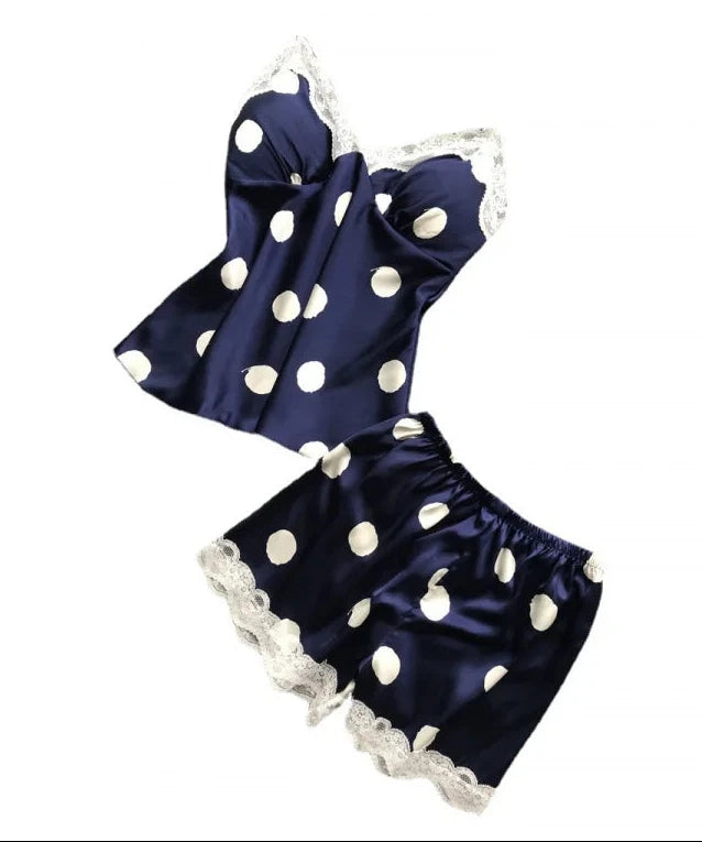 Classic Monochrome Polka Dot Camisole Sleep Set with Scalloped Lace Edge