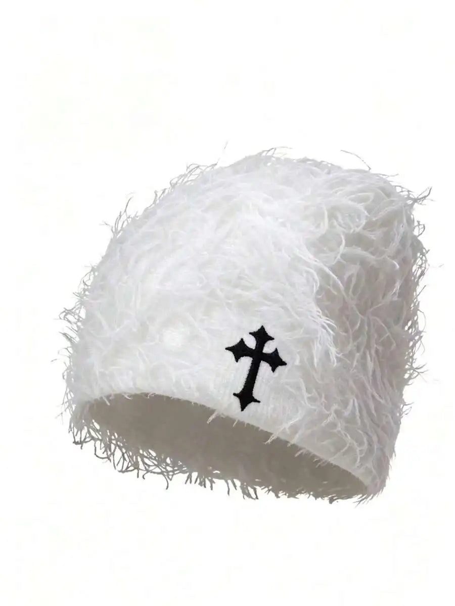 Minimalist Embroidered Cross Acrylic Knit Beanie for Modern Streetwear Winter Casual Fashion Style