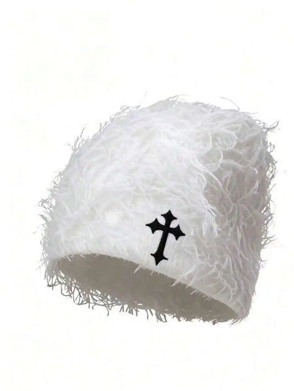 Minimalist Embroidered Cross Acrylic Knit Beanie for Modern Streetwear Winter Casual Fashion Style