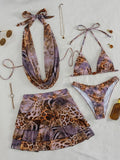 Four-Piece Leopard Print Vacation Ensemble with High-Waisted Skirt and Matching Top