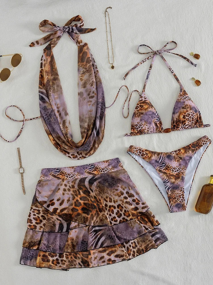 Four-Piece Leopard Print Vacation Ensemble with High-Waisted Skirt and Matching Top