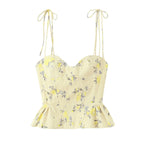 Sunny Yellow Floral Print Cami Bustier with Tie Straps and Flared Hem
