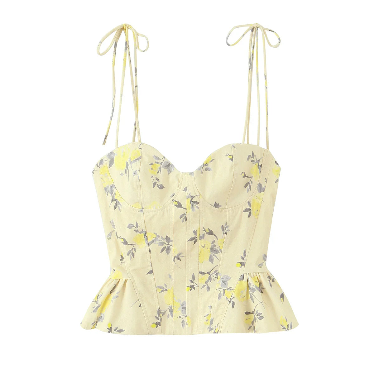 Sunny Yellow Floral Print Cami Bustier with Tie Straps and Flared Hem