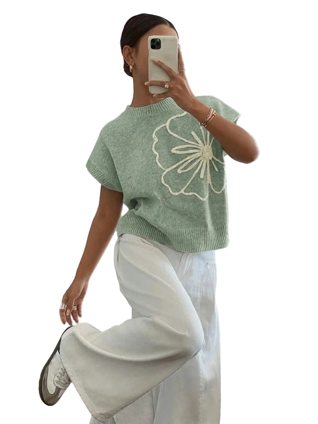 Women's Floral Crew Neck Knit Sweater with Relaxed Summer Short Sleeves