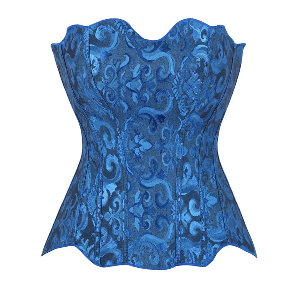 Classic Black Floral Jacquard Overbust Corset with Sweetheart Neckline