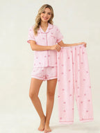 Three-Piece Cream Bow Print Pajama Lounge Set with Short-Sleeve Button-Down Top, Matching Shorts and Long Pants