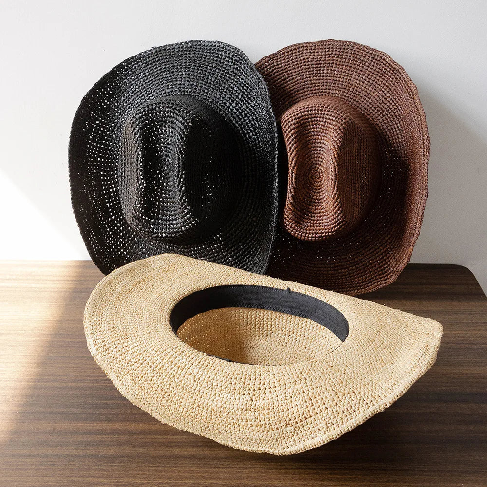 Unisex Handwoven Raffia Cowboy Hat with Wide Brim for Beach and Outdoor Summer Style