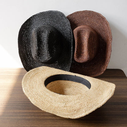 Unisex Handwoven Raffia Cowboy Hat with Wide Brim for Beach and Outdoor Summer Style