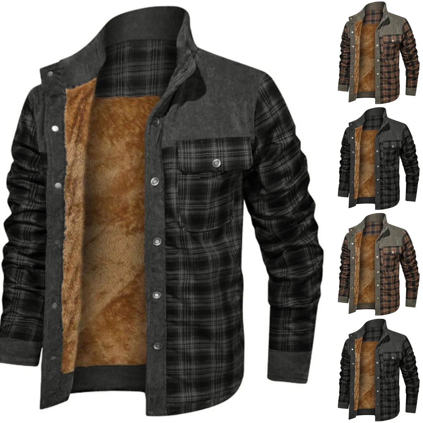 Men's Fleece-Lined Plaid Shirt Jacket with Utility Streetwear Styling