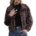 Women's Cropped Leopard Print Faux Fur Hooded Jacket Relaxed Streetwear Zip-Up Outerwear
