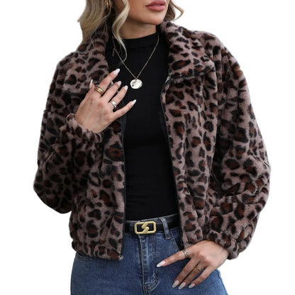 Women's Cropped Leopard Print Faux Fur Hooded Jacket Relaxed Streetwear Zip-Up Outerwear