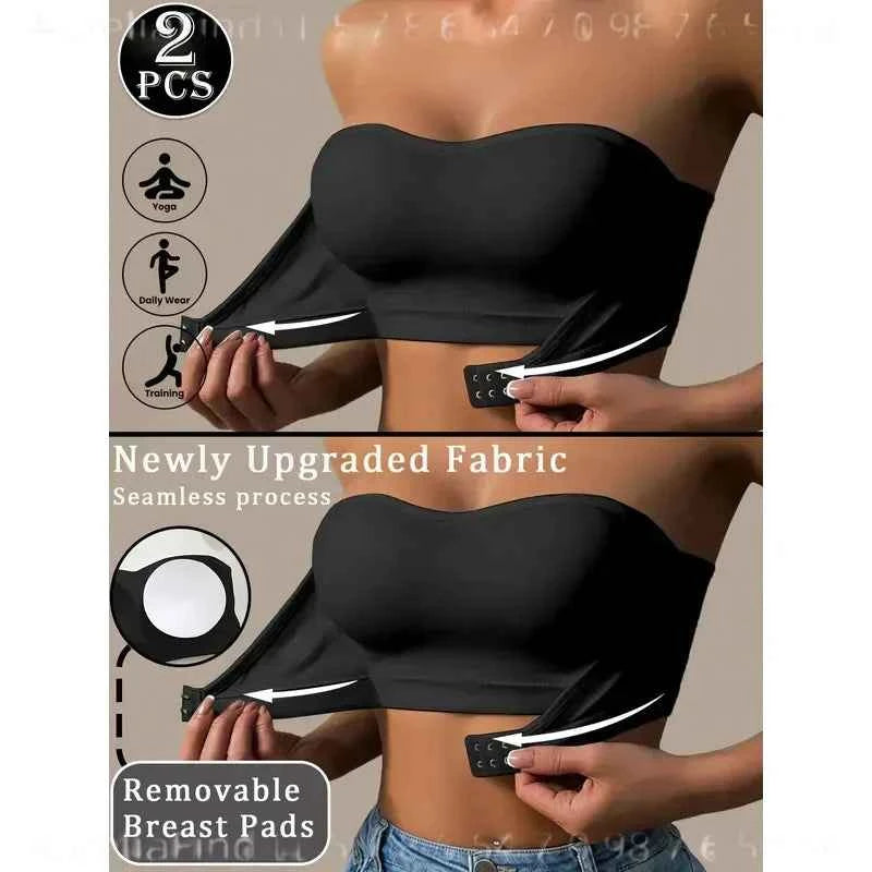 2-Piece Strapless Bandeau Bra Set with Front Hook Closure, Removable Pads and Ruffled Edge Detail