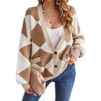 Women's Geometric Color Block Knit Cardigan with Oversized Button Front Design