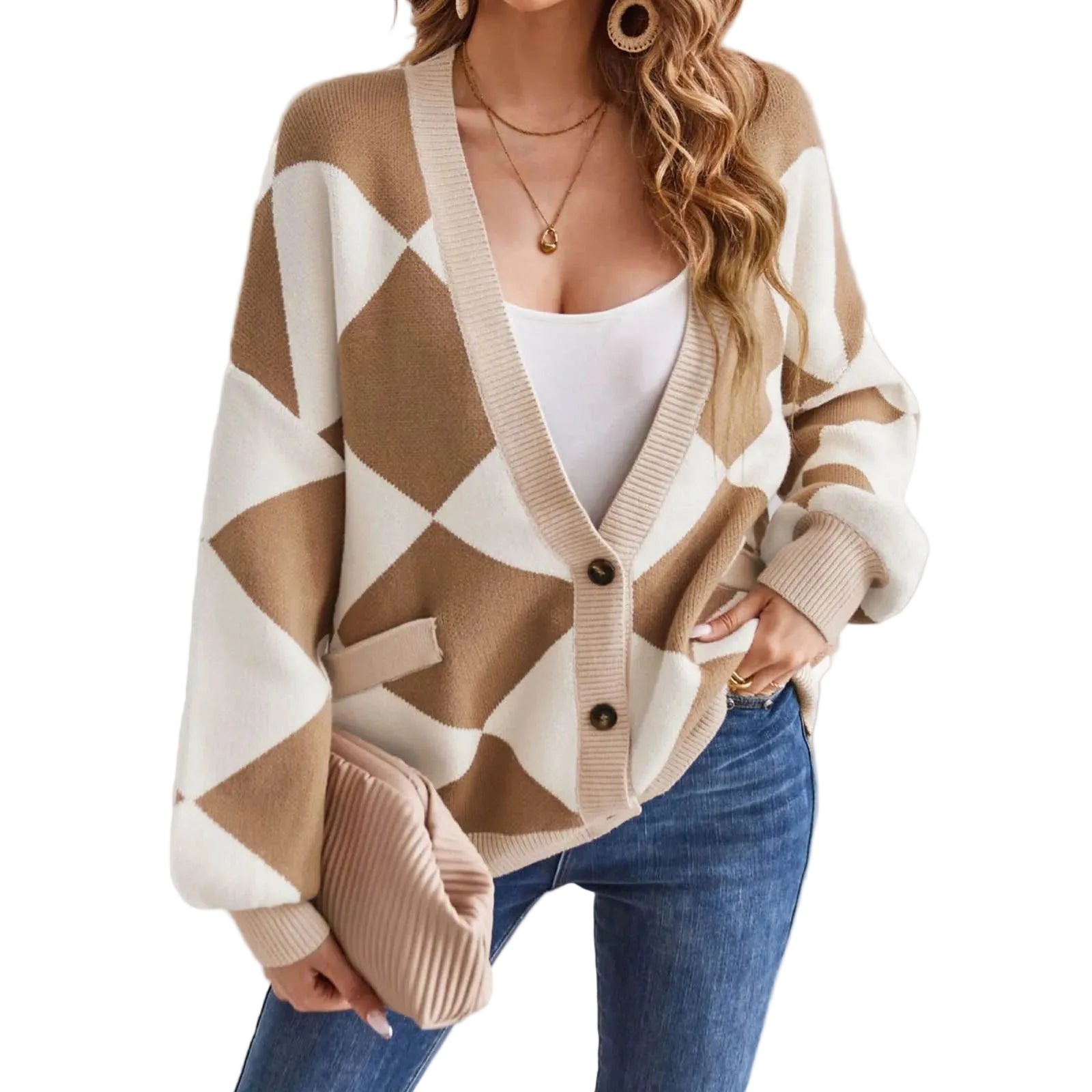 Women's Geometric Color Block Knit Cardigan with Oversized Button Front Design