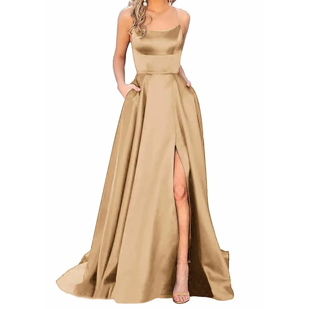 Spaghetti Strap Maxi Dress with Open Back Design and Side Slit Detail