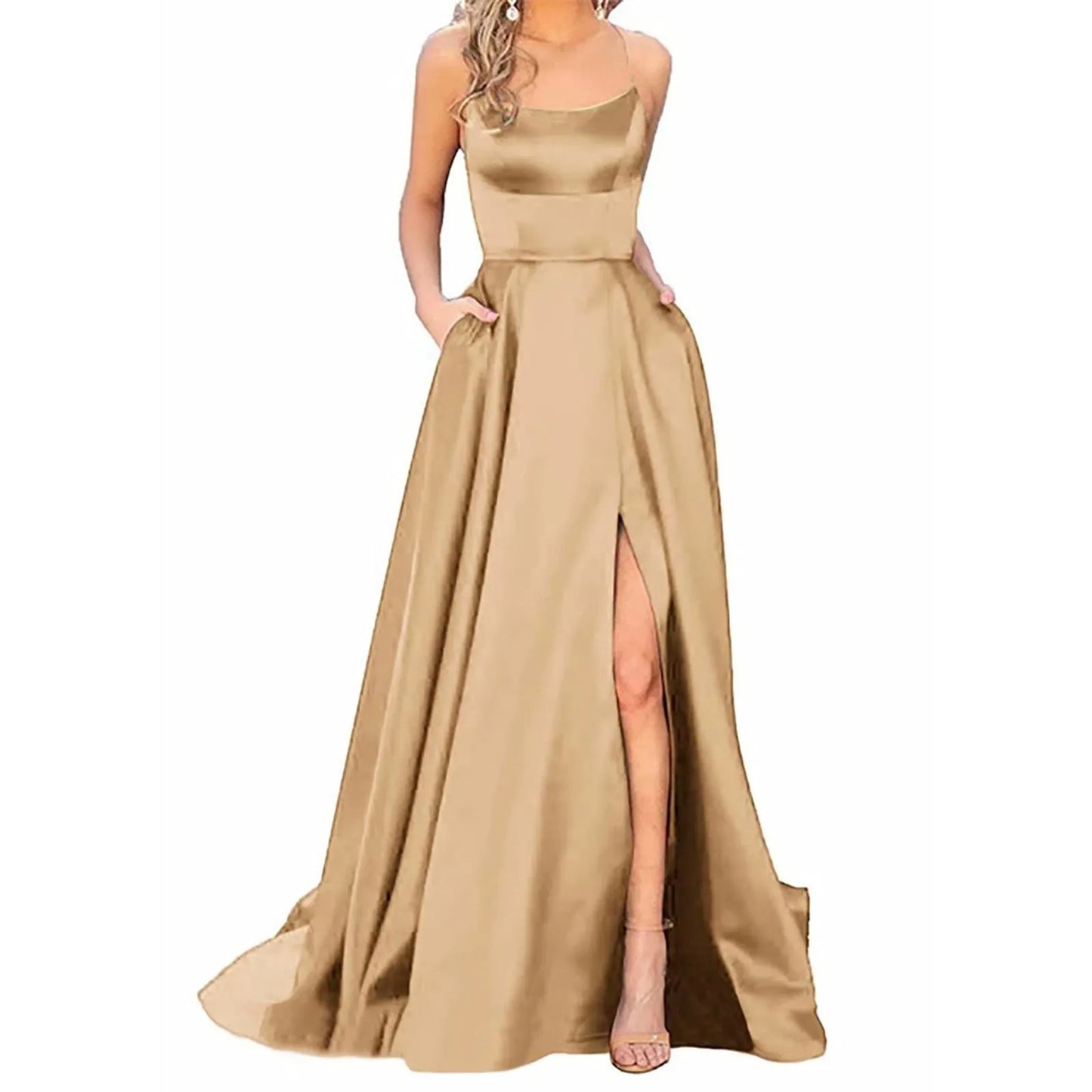 Spaghetti Strap Maxi Dress with Open Back Design and Side Slit Detail