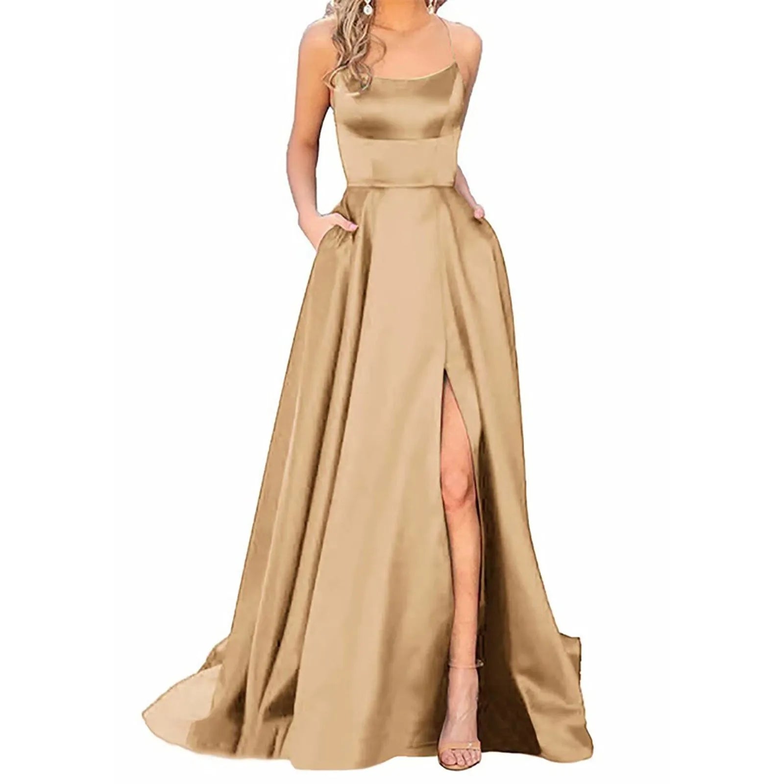 Spaghetti Strap Maxi Dress with Open Back Design and Side Slit Detail