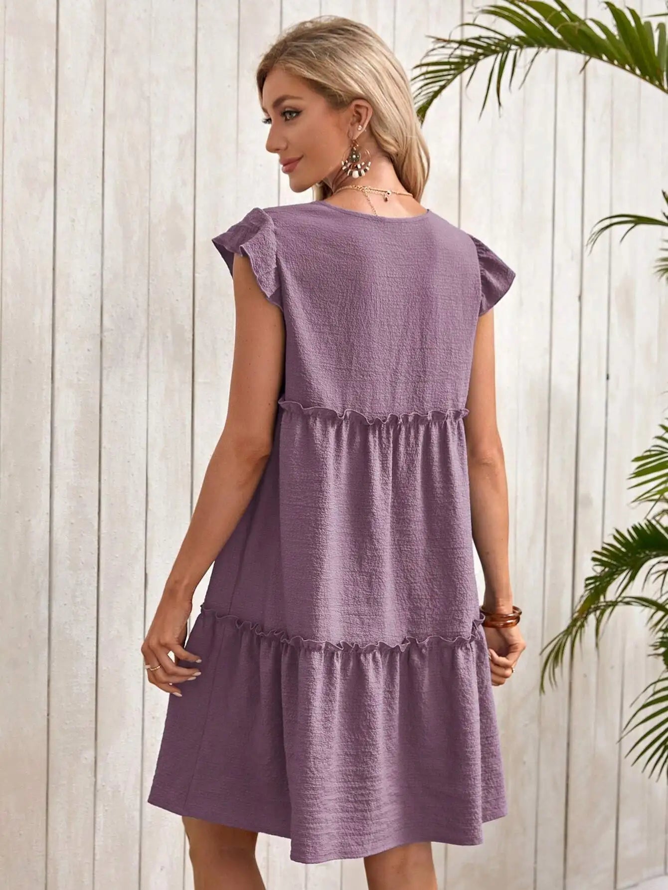 Tiered Ruffle A-Line Mini Dress with Petal Sleeves and Relaxed Fit