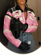 Cropped Faux Leather Varsity Style Zip Jacket with Statement Streetwear Design