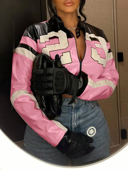 Cropped Faux Leather Varsity Style Zip Jacket with Statement Streetwear Design