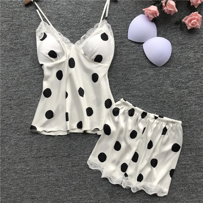 Classic Monochrome Polka Dot Camisole Sleep Set with Scalloped Lace Edge