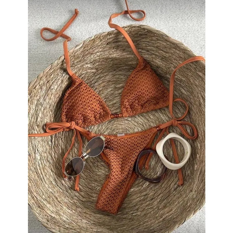 Textured Caramel Triangle String Bikini with Adjustable Side Ties