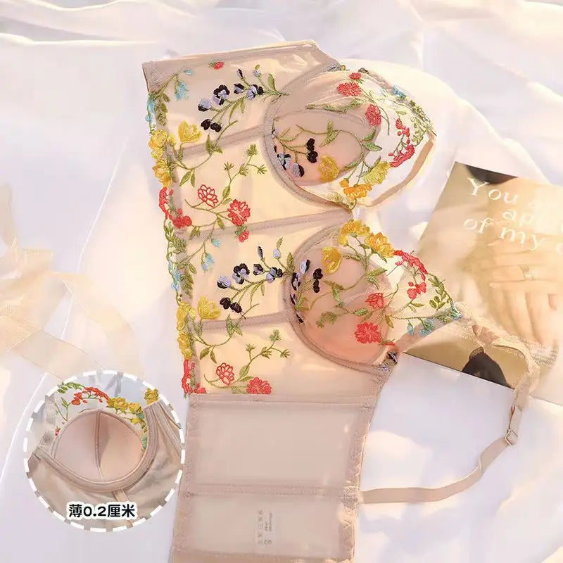 Colorful Floral Embroidery Longline Corset Bra and Panty Set