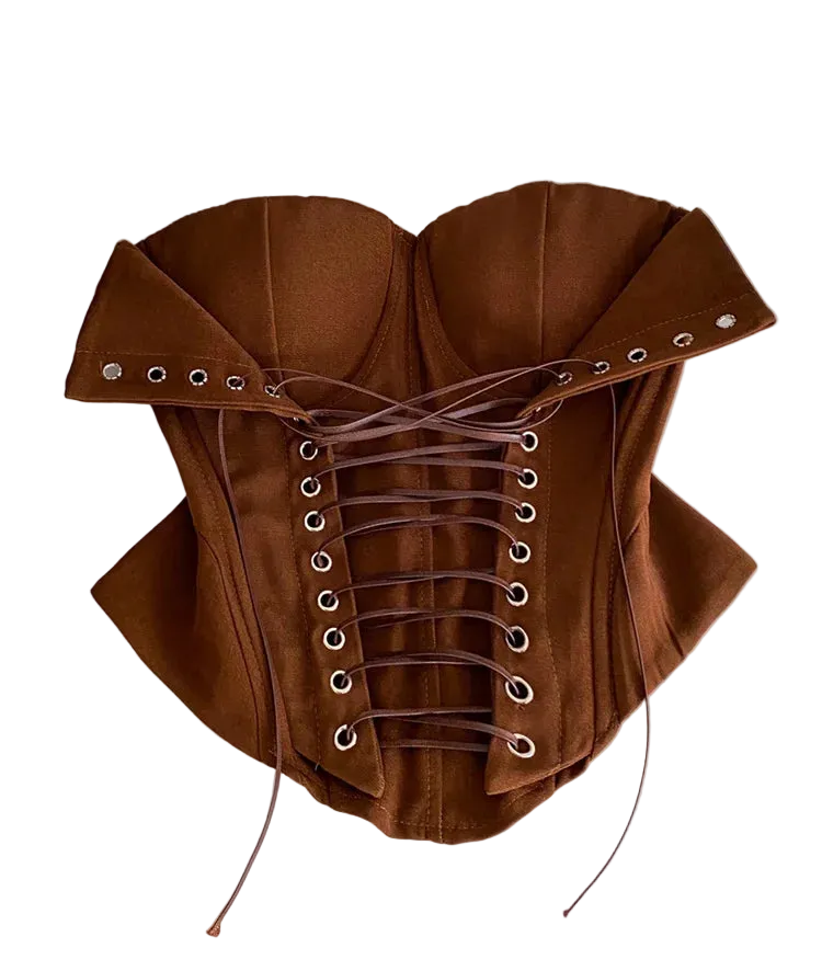 Earthy Brown Strapless Bustier with Fold-Over Sweetheart Bust and Front Lace-Up