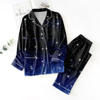Women's Satin-Look Star Print Pajama Set, Long-Sleeve Button-Front Shirt and Matching Ankle-Length Pants, Two-Piece Loungewear