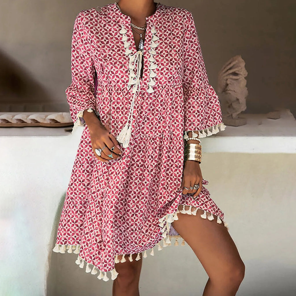 Relaxed Bohemian Tassel-Trimmed Shift Dress in Teal Geometric Print