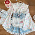 Pink Floral Wa-Lolita Maid Dress with Flowing Kimono Sleeves and Ruffled Apron