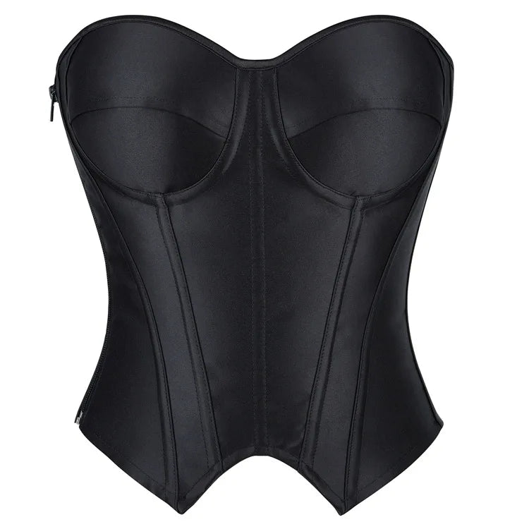 Tailored Black Pinstripe Overbust Corset with Structured Sweetheart Bodice