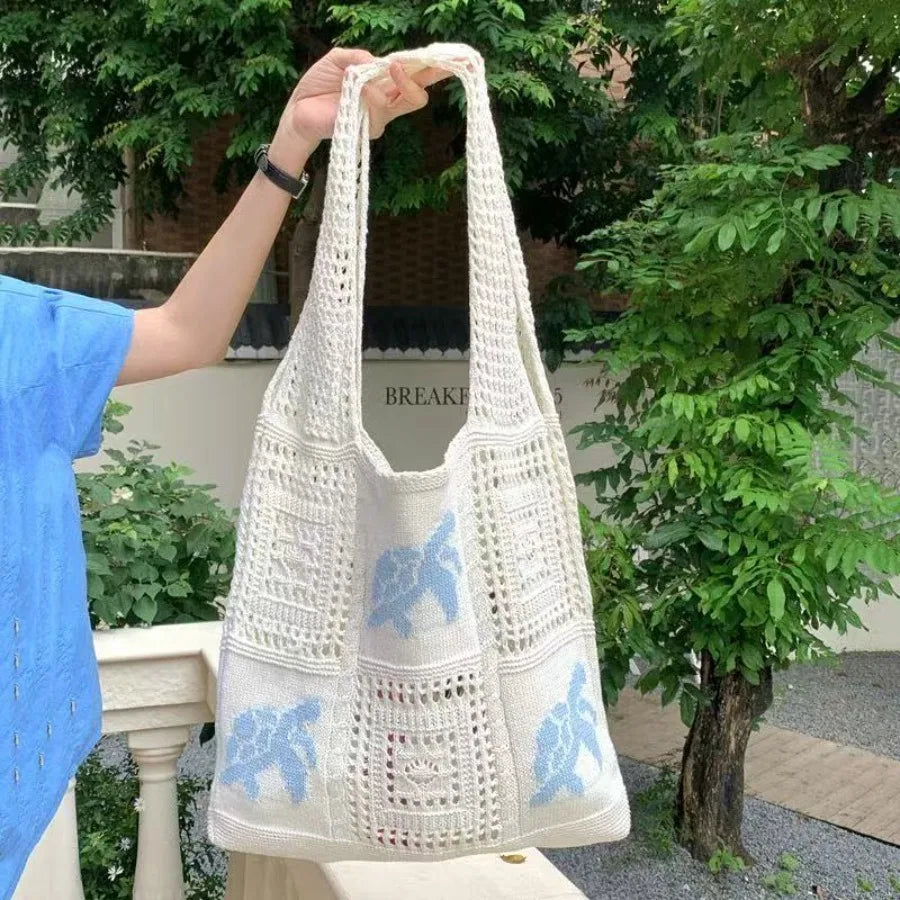 Open Knit Tote Shoulder Bag with Large Capacity Casual Design