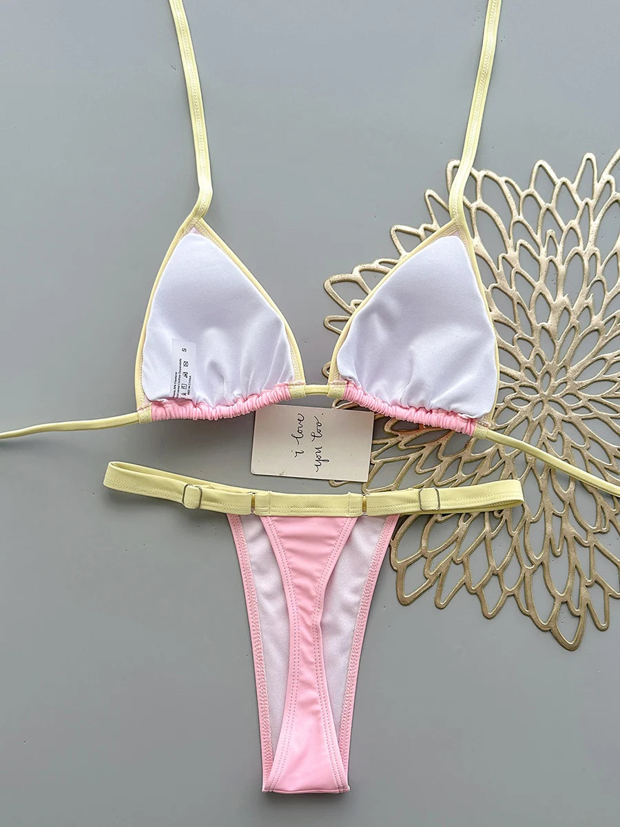 Pastel Pink Triangle String Bikini with Lemon Yellow Contrast Trim