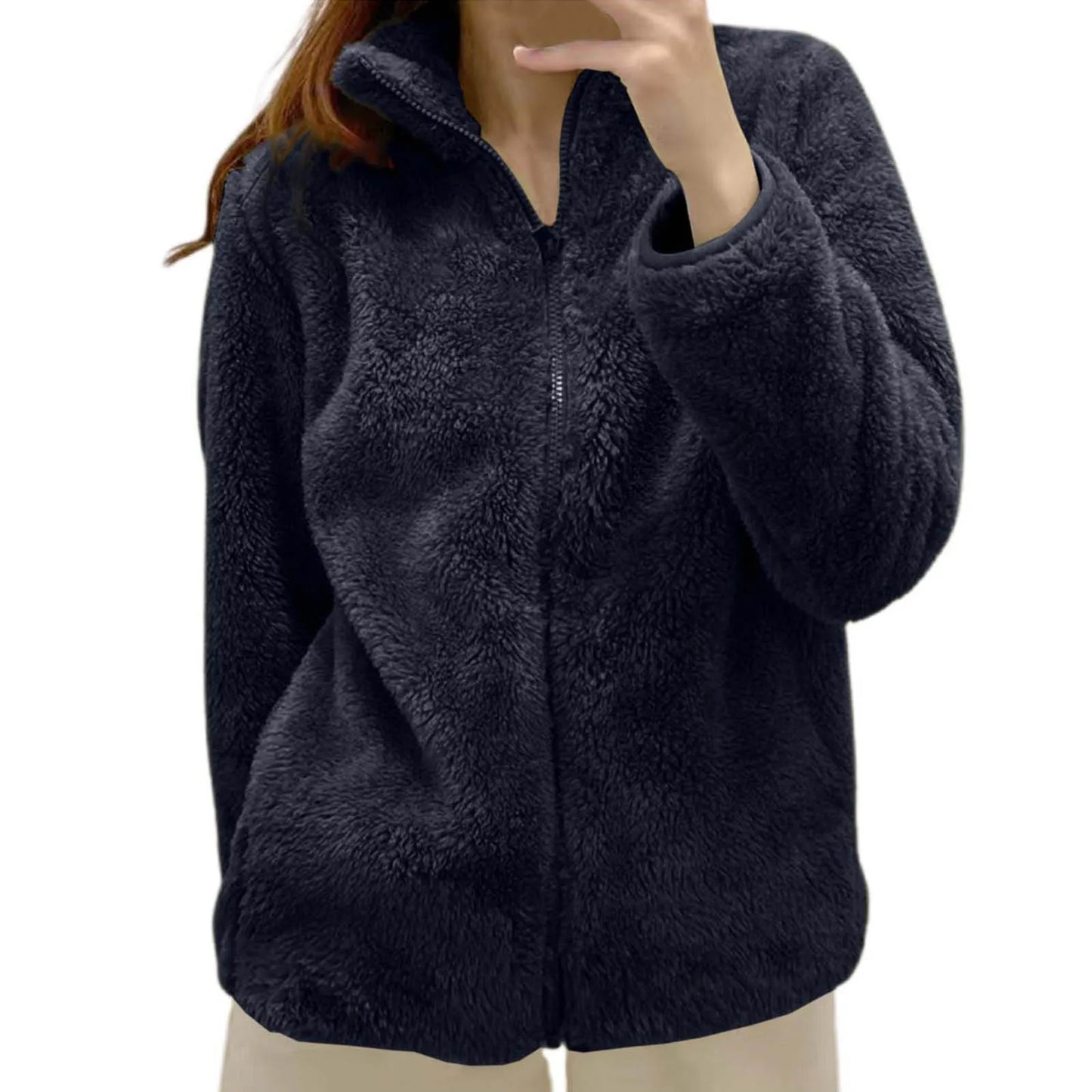Women's Plush Polar Fleece Zip Jacket with Relaxed Streetwear Layering Fit