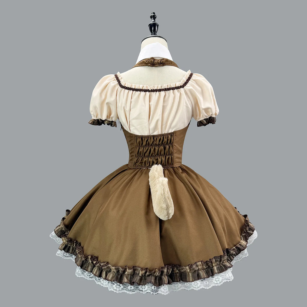Earth-Toned Bear Maid Cosplay Dress with Corset Lacing, Plaid Bow, and Ear Headband