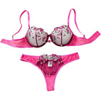 Vibrant Rose Pink Embroidered Mesh Underwire Bra and Thong Set