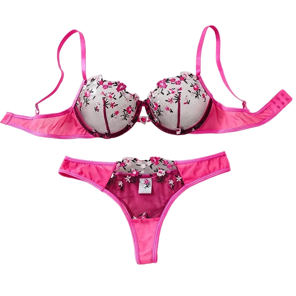 Vibrant Rose Pink Embroidered Mesh Underwire Bra and Thong Set