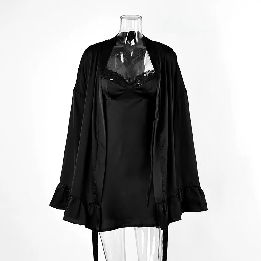 Elegant Chocolate Brown Satin-Finish Sleepwear Set with Lace-Trimmed Chemise and Matching Robe