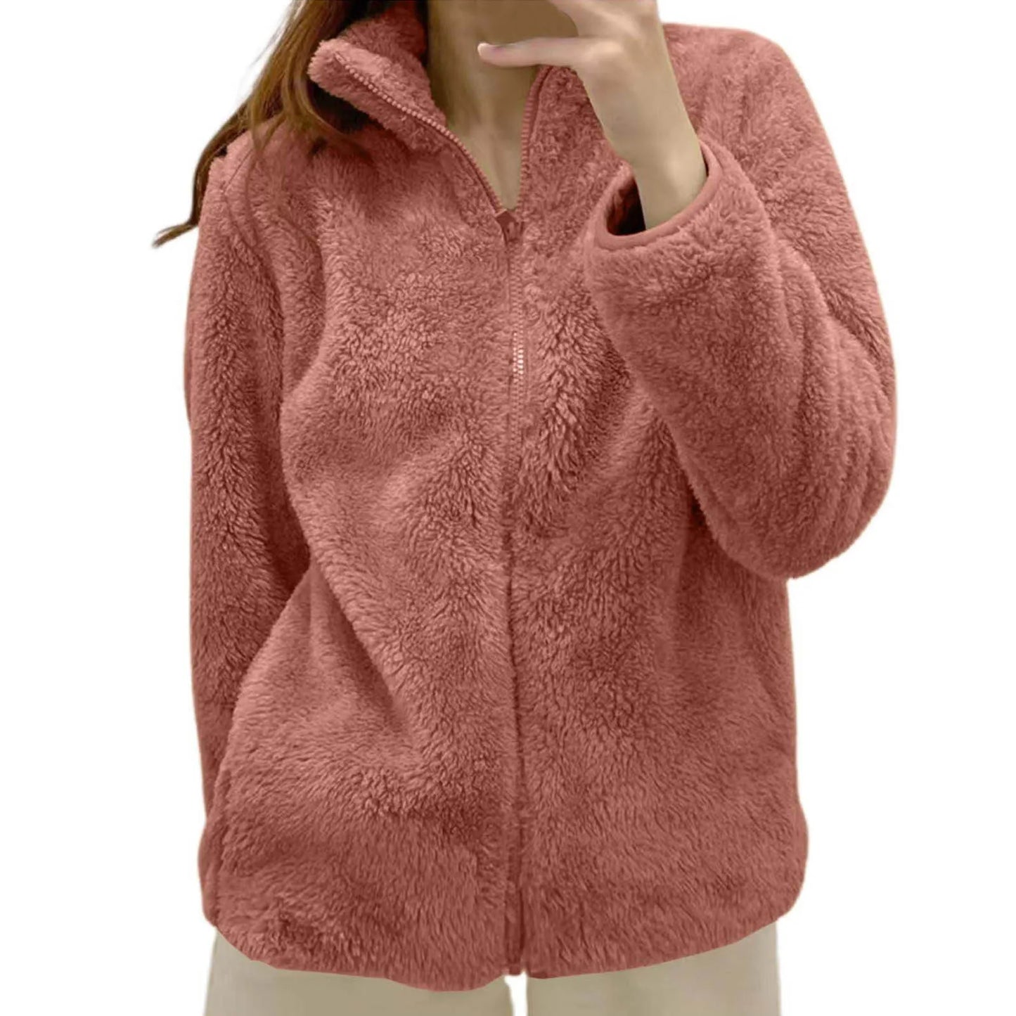 Women's Plush Polar Fleece Zip Jacket with Relaxed Streetwear Layering Fit