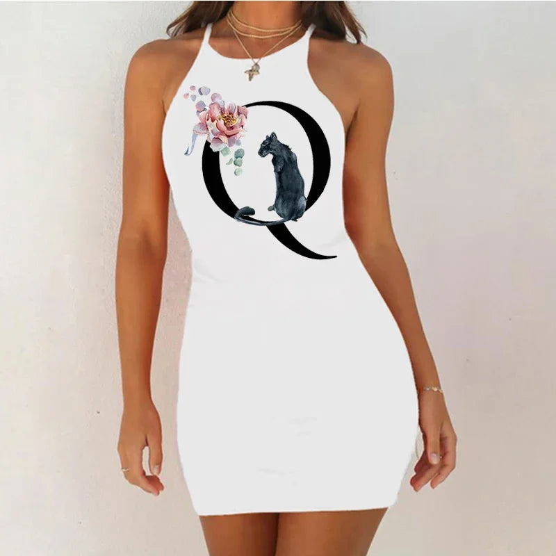 White Sleeveless Mini Nightgown with Bold Black Letter and Graphic Print, Slim Silhouette and Above-Knee Length