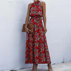 Halter Neck Polka Dot Maxi Dress with Sleeveless A-Line Silhouette