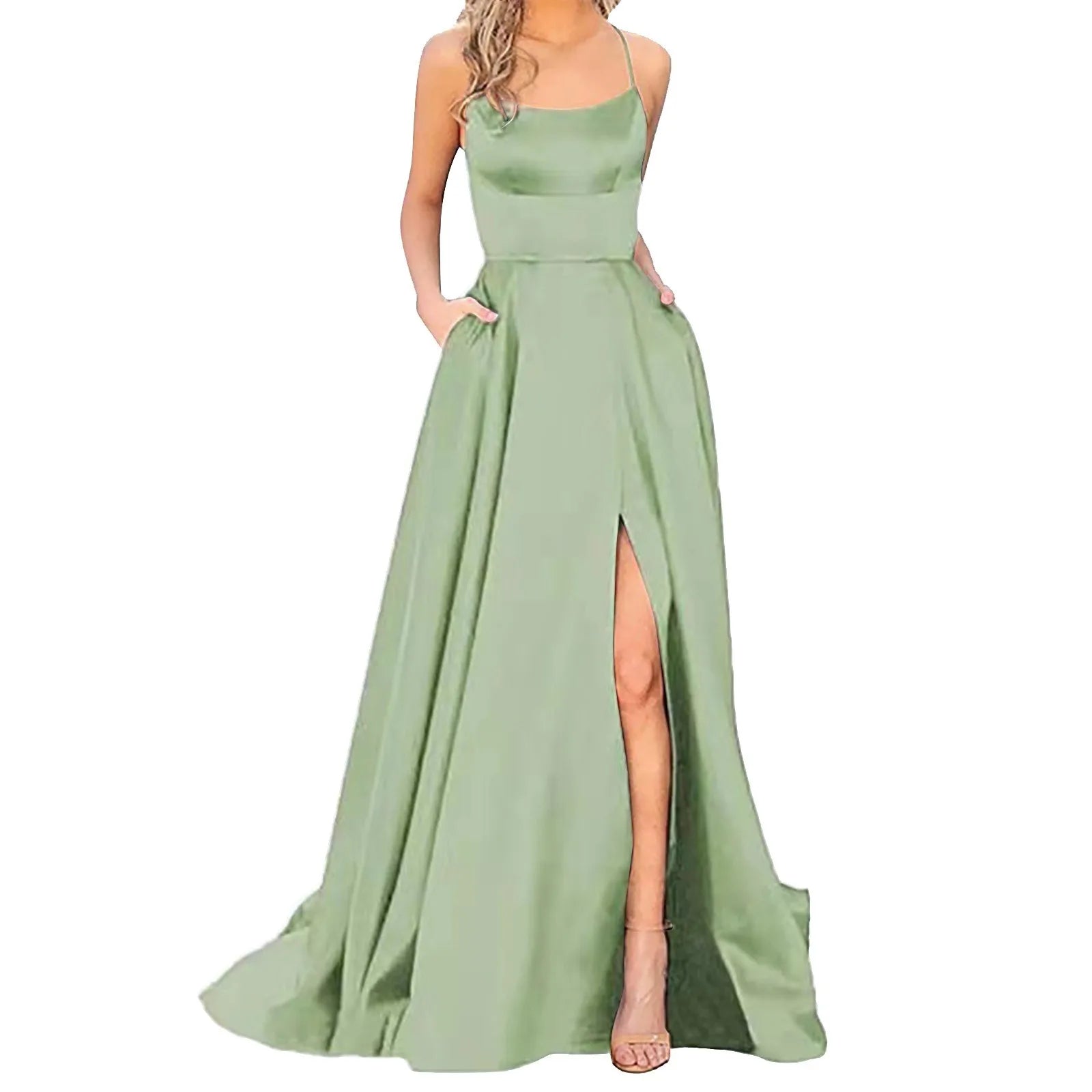 Spaghetti Strap Maxi Dress with Open Back Design and Side Slit Detail