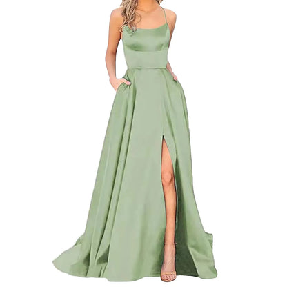 Spaghetti Strap Maxi Dress with Open Back Design and Side Slit Detail