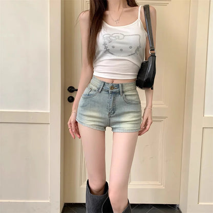 Women's High Rise Vintage Inspired Denim Style Shorts with Button Front Casual Streetwear Fit