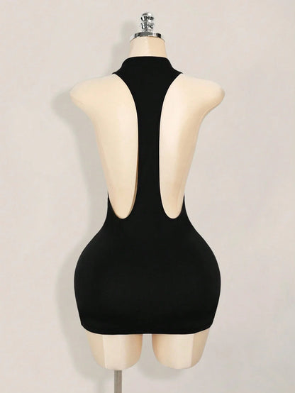 Backless Sleeveless Bodycon Mini Dress with Criss Cross Open Back Detail