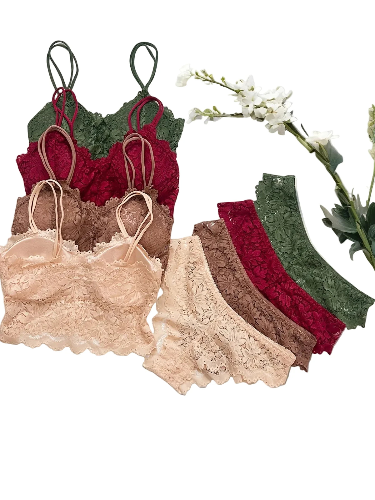 Four-Piece Floral Lace Wire-Free Bralette and Scalloped Panty Collection