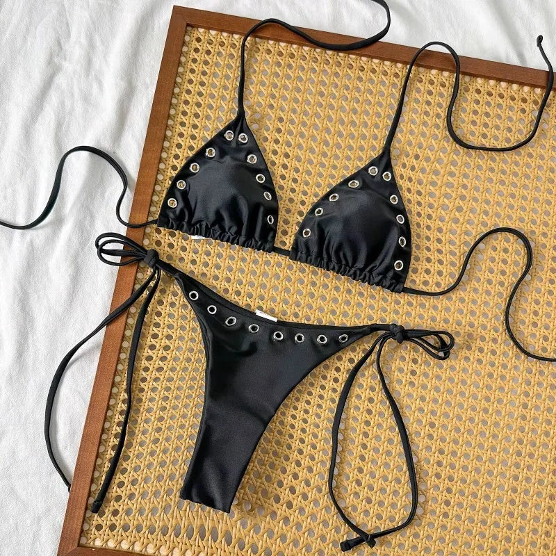 Sleek Black Triangle String Bikini with Metallic Rivet Hardware