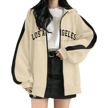 Women's Oversized Zip-Up Hoodie with Typography Graphic Relaxed Streetwear Everyday Style